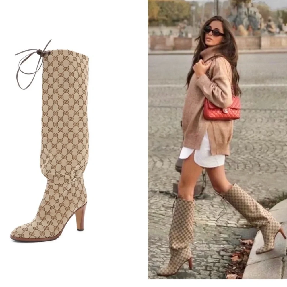 Gucci Beige GG Monogram Knee-High Boots - Picture 1 of 10
